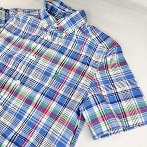 Ralph Lauren Boys 10-12 Button Up Short Sleeve Shirt Plaid Green Pony Pink Blue